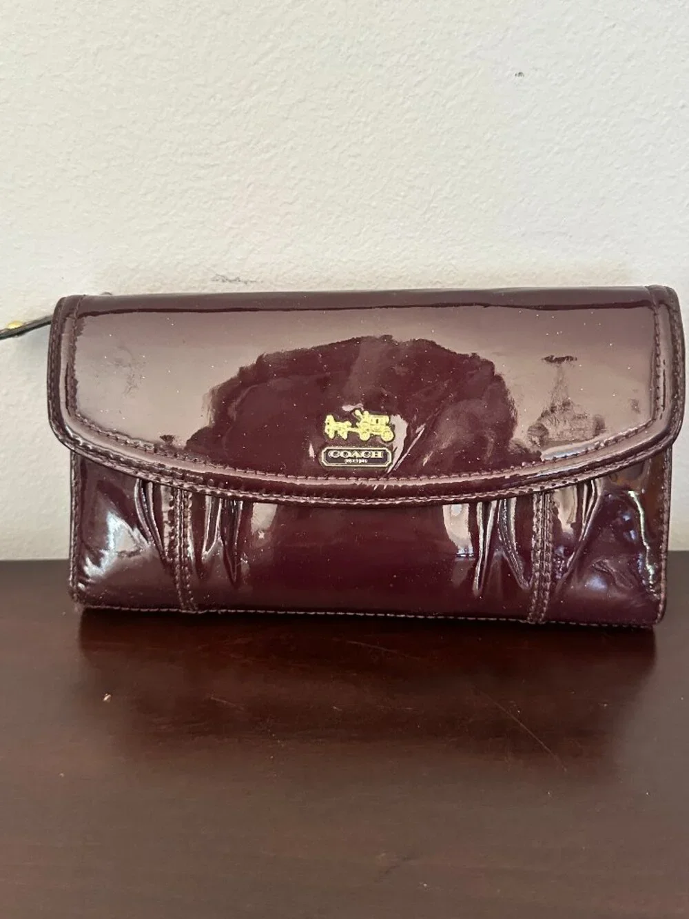 Coach Madison Burgundy Patent Leather Trifold Wallet With Check Book